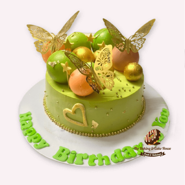 Green Signature Cake with ball and Butterfly